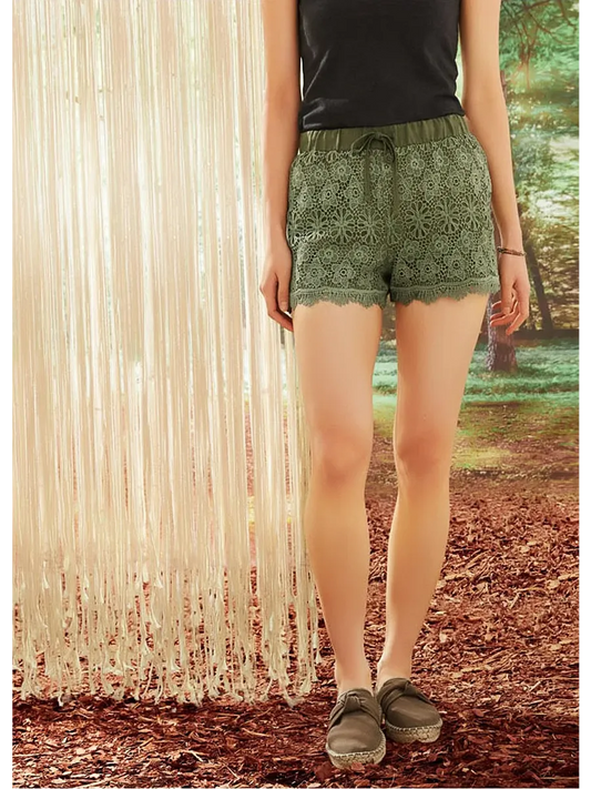 Women's Boho Lace Crochet Shorts – Olive Green