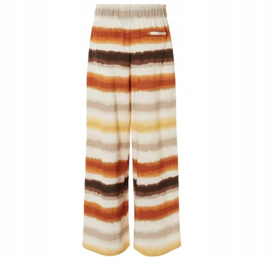 بنطلون نسائي واسع الساقين مقلم بخطوط برتقالية وبنية بخصر عالٍ