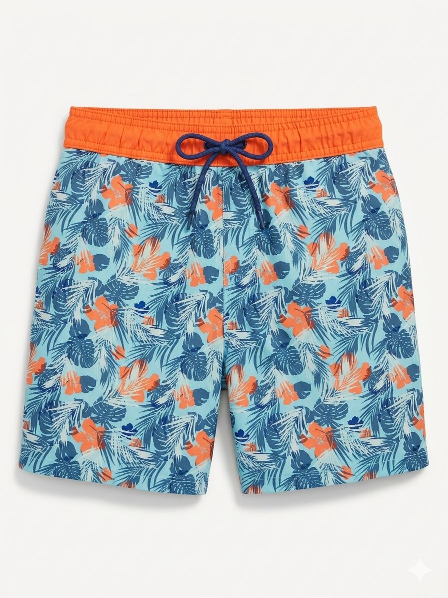 Tropical Hibiscus & Palm Print Swim Trunks