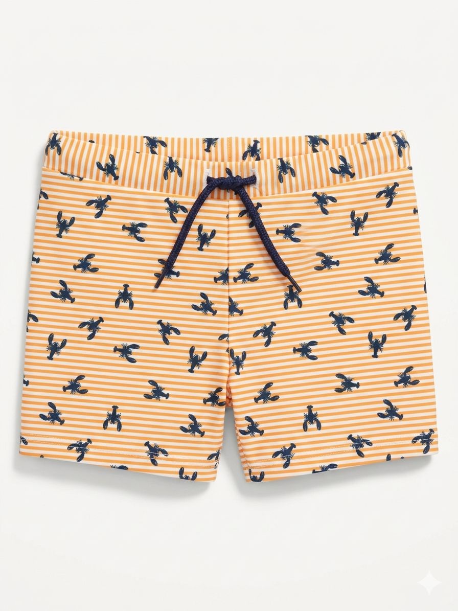 Boys' Lobster Print Striped Swim Trunks