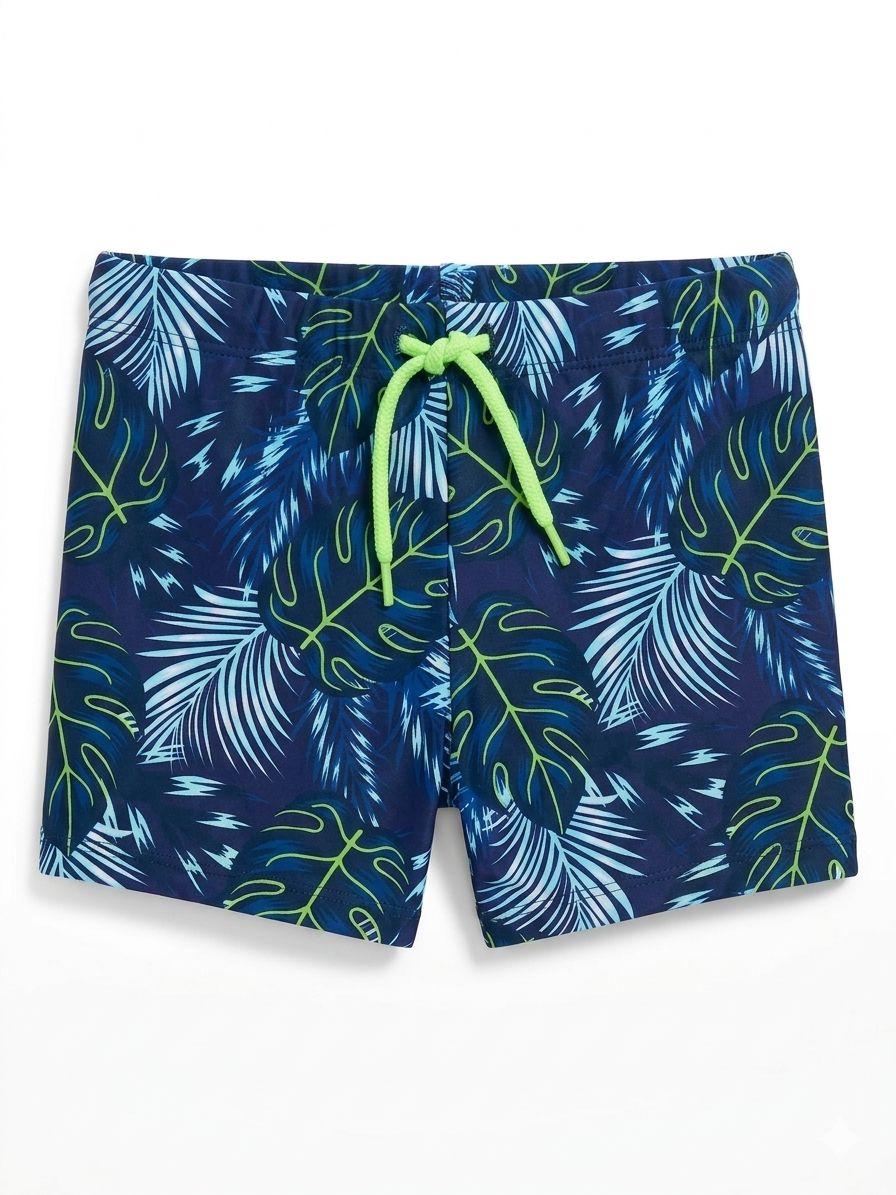 Boys' Tropical Leaf Print Swim Trunks