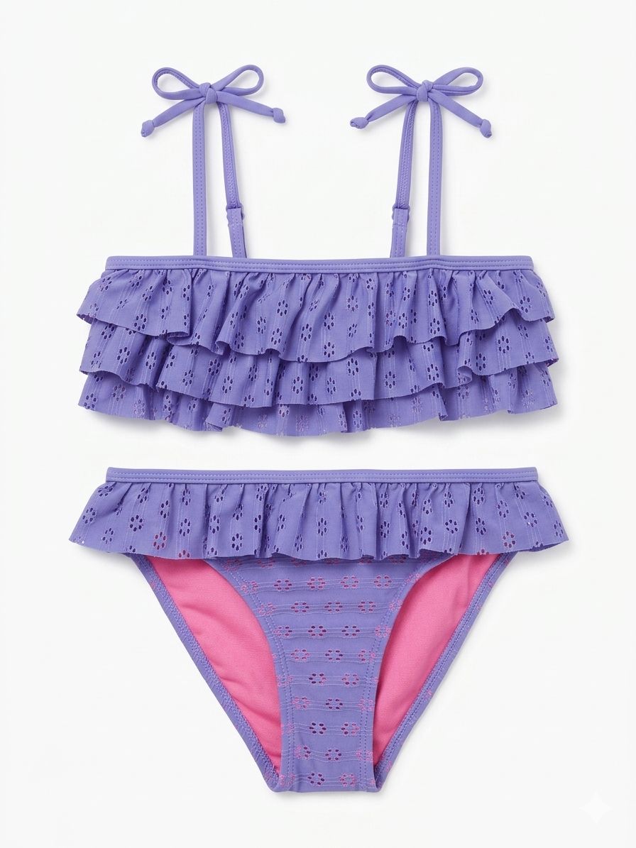 Girls' Broderie Anglaise Ruffled Bikini Set – Lavender 2-Piece Swimsuit