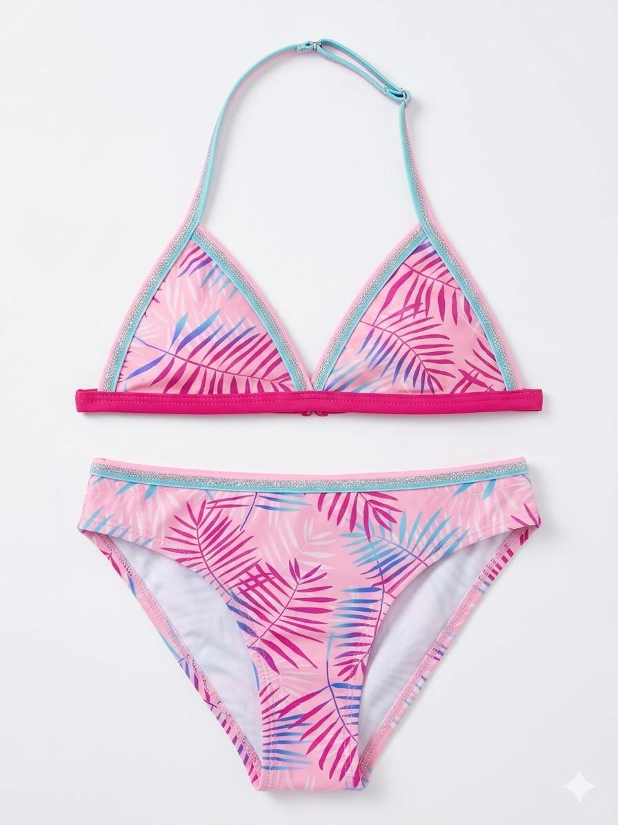 Girls' Tropical Palm Print Bikini Set – Pink & Turquoise 2-Piece Swimsuit