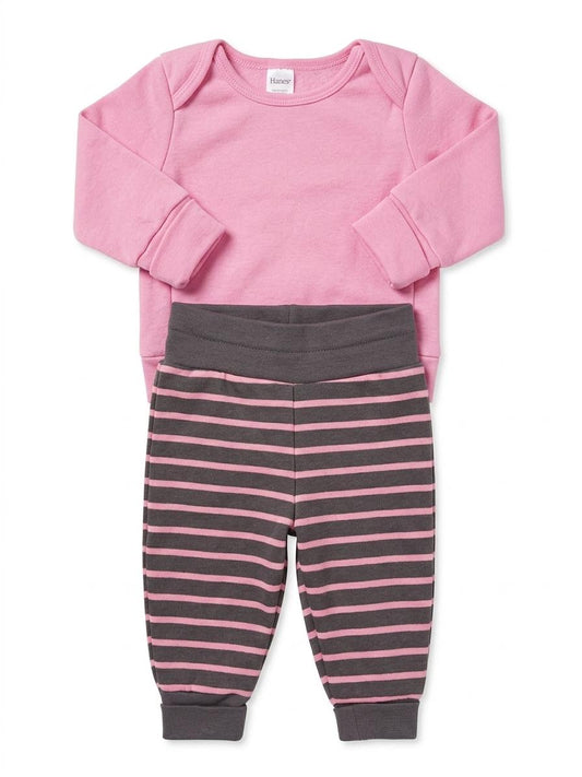 Hanes Ultimate Baby Flexy Adjustable Fit Jogger with Sweatshirt Set, Light pink