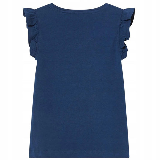 Short-sleeved ruffle blouse, 100% cotton, navy blue