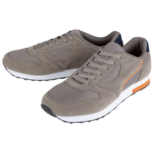 Pair of gray sneakers with orange accents on a white background