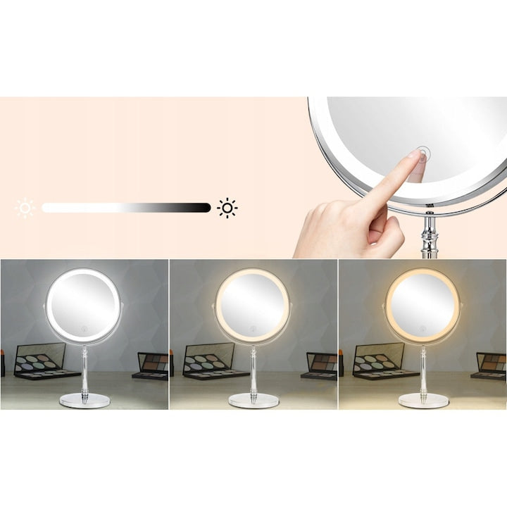 LED cosmetic mirror, 8-inch, 1X/5X, 3 light colors, adjustable height, elegant design