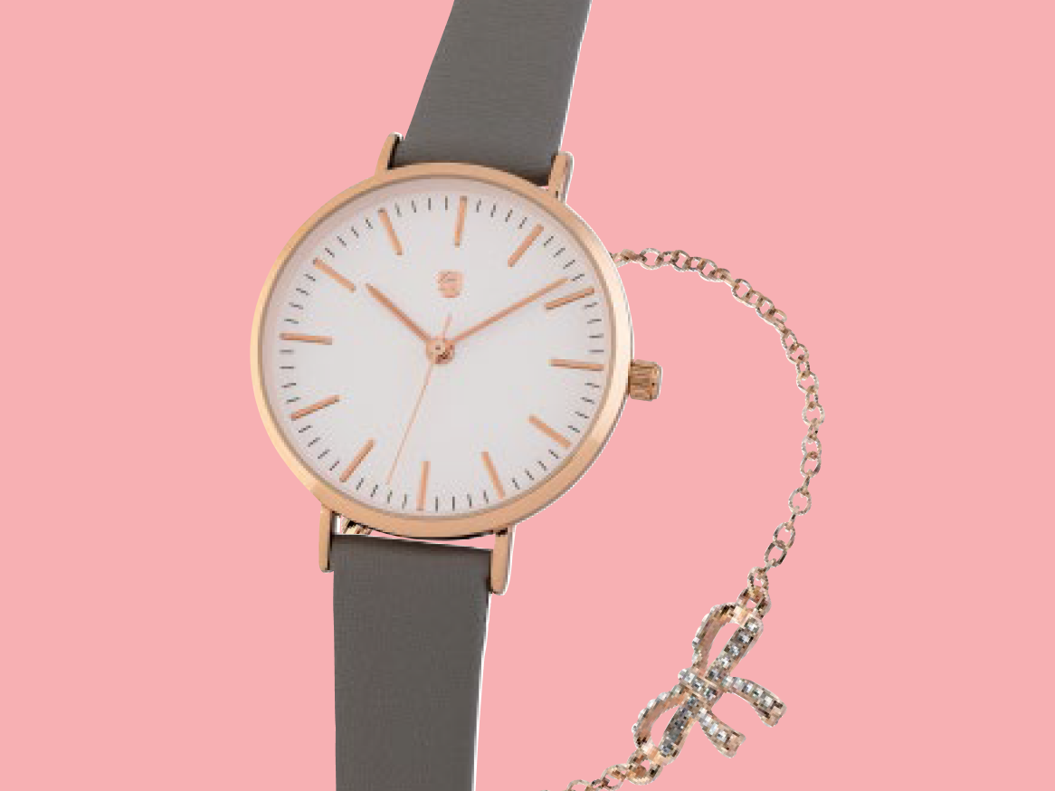 Elegant gift set: watch with a grey strap and a bracelet
