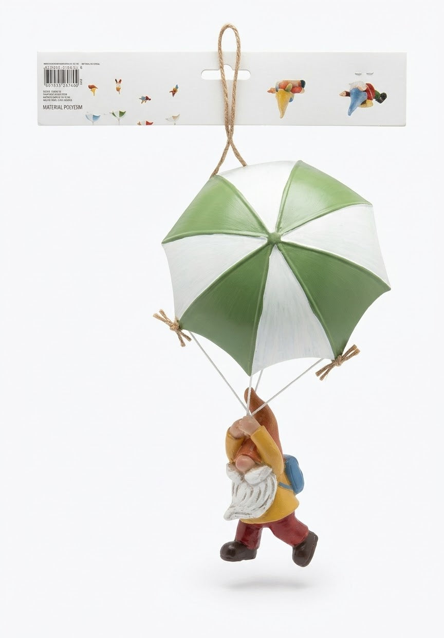 Whimsical Parachuting Garden Gnome Hanging Decoration - Green & White