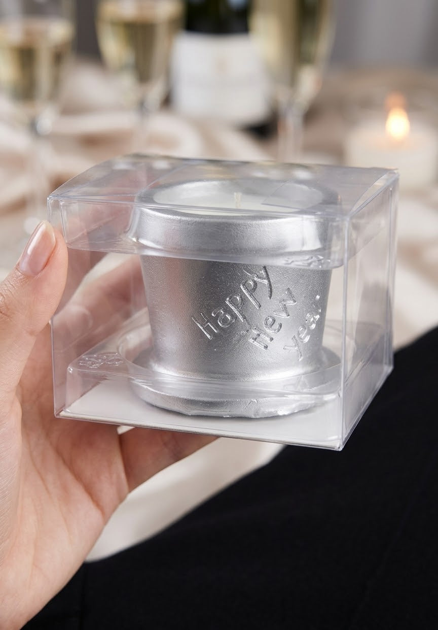 Shimmering Silver “Happy New Year” Concrete Pot Candle in Gift Box