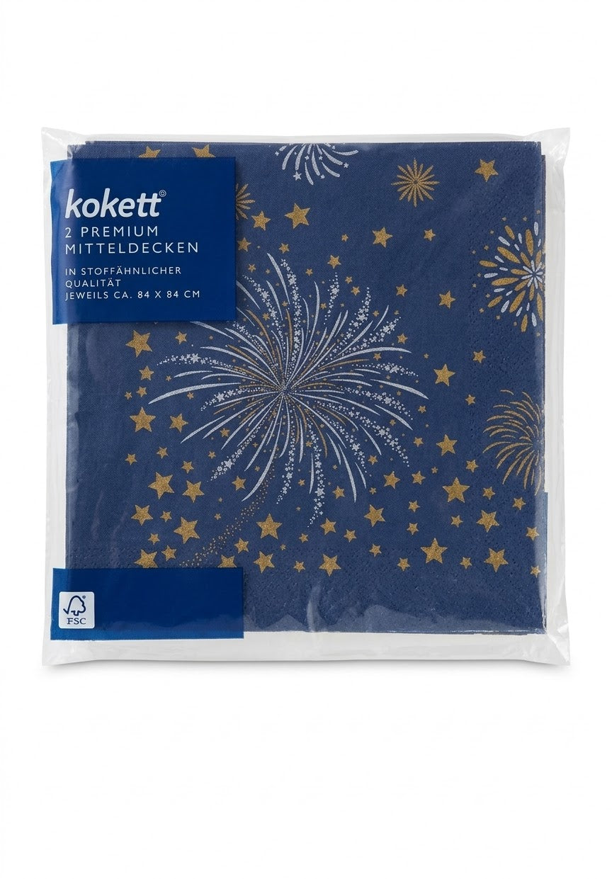 Kokett Premium Festive Table Toppers - Navy Blue with Gold Fireworks & Stars (2 Pack)