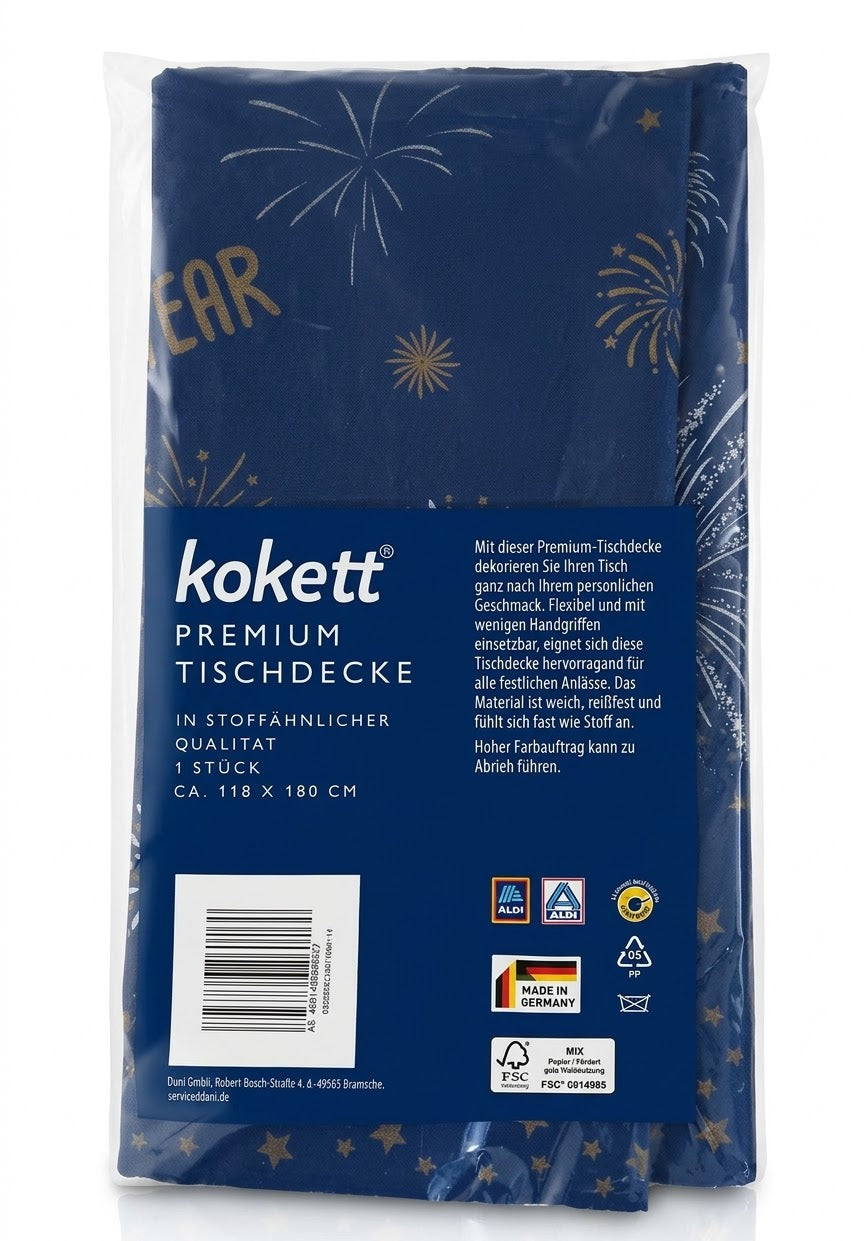 Kokett Premium Disposable Tablecloth – Navy Blue with Gold/Silver Fireworks – 118 x 180 cm