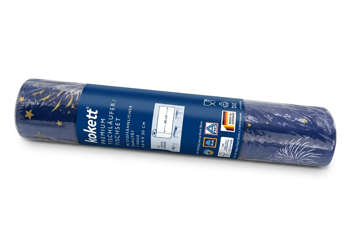 Kokett Premium Table Runner Roll & Placemat Set – Navy Blue with Gold Fireworks – 4.8 m x 30 cm
