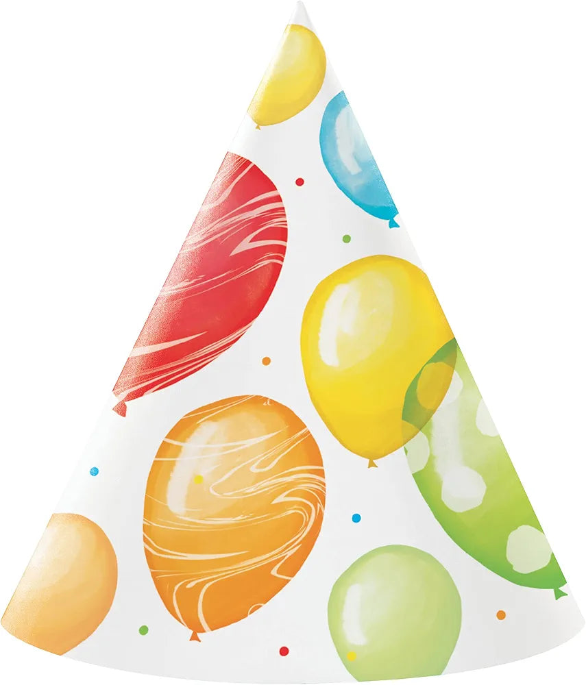 Balloon Bash Birthday Cone Shaped Hats (Pack of 8)