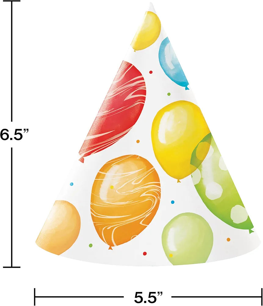 Balloon Bash Birthday Cone Shaped Hats (Pack of 8)