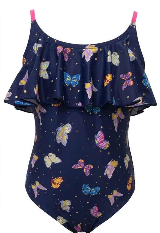 Girls 1 piece swimsuit with ruffles, navy