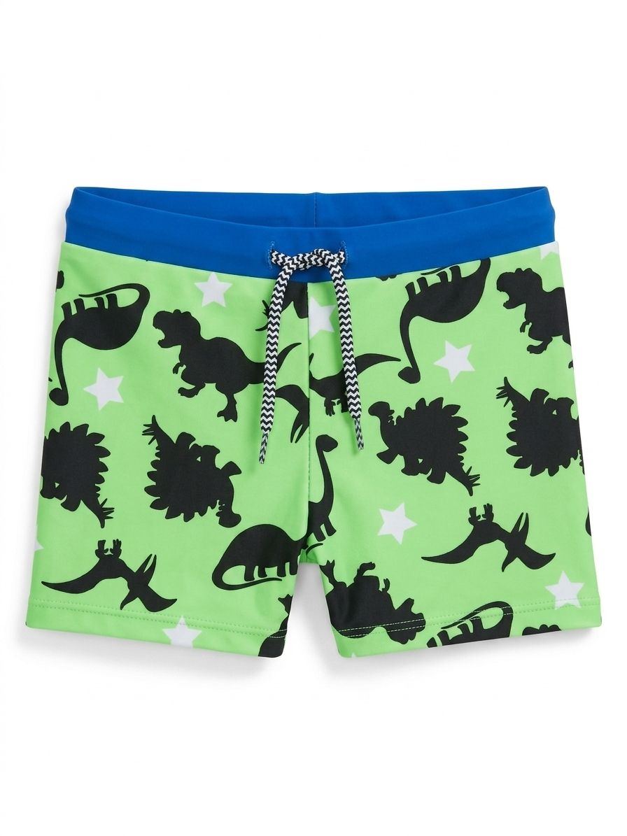 Boys' Dinosaur Print Swim Shorts – Lime Green & Blue Swim Trunks
