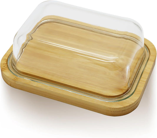 طبق زبدة شفاف مع قاعدة من الخيزران السميك