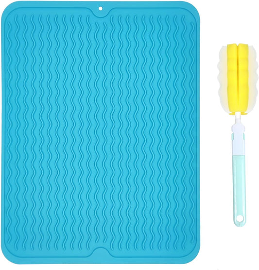 FOSER Silicone Drying Mat with Cleaning Brush, Heat-Resistant, Non-Slip (Turquoise Blue, 40 x 30 cm)