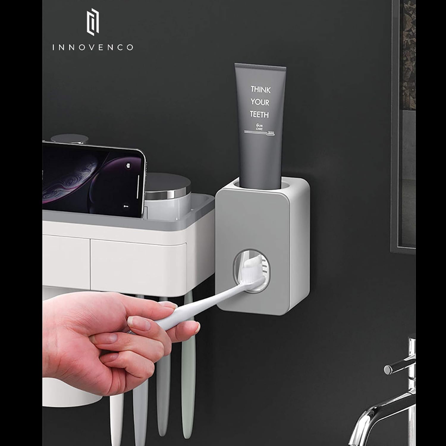Automatic Toothpaste Dispenser Grey 2 Cups, Electric Toothbrush Holder with Soap Holder