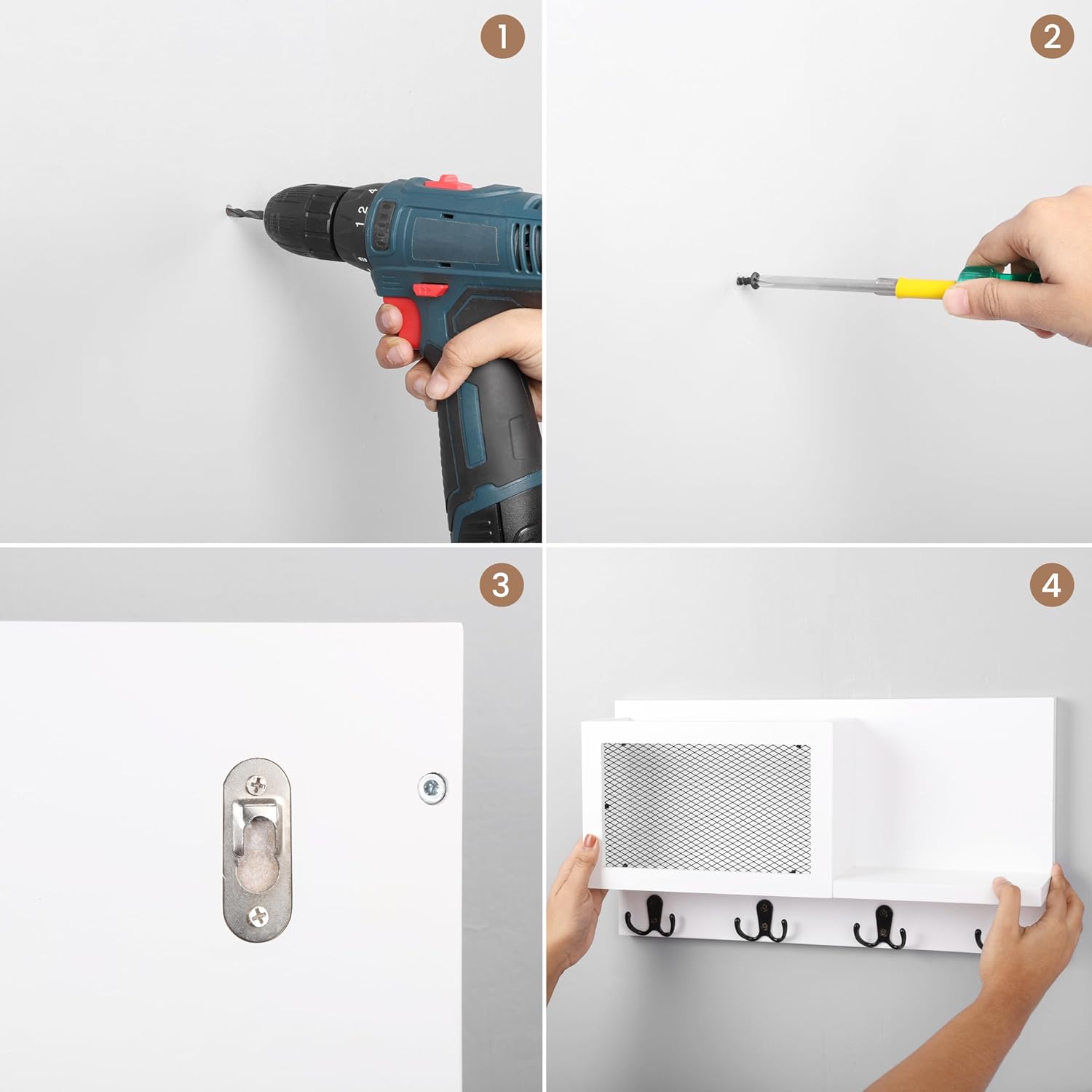 Key Holder for Wall White, Key Hanger with Wall-Mounted Mail Sorter and 8 Key Hooks