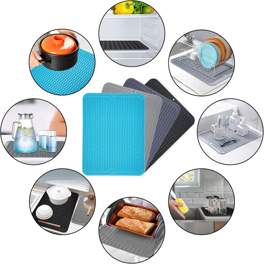 FOSER Silicone Drying Mat with Cleaning Brush, Heat-Resistant, Non-Slip (Turquoise Blue, 40 x 30 cm)