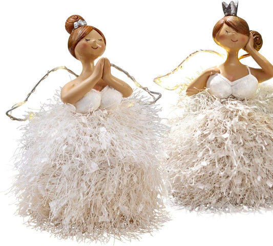 Christmas Decoration - Decorative Figures Angels Set of 2 - Christmas Angel - LED Illuminated - White