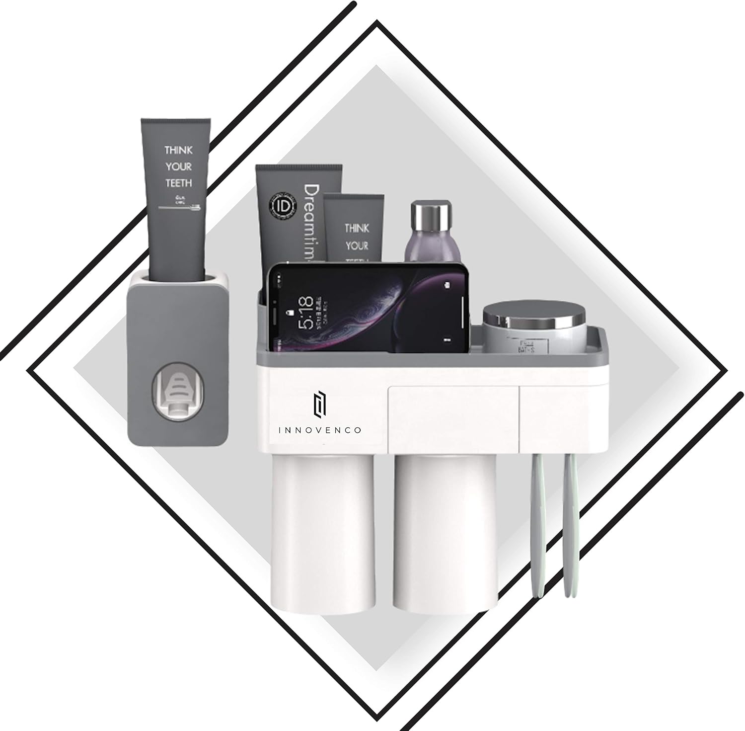 Automatic Toothpaste Dispenser Grey 2 Cups, Electric Toothbrush Holder with Soap Holder