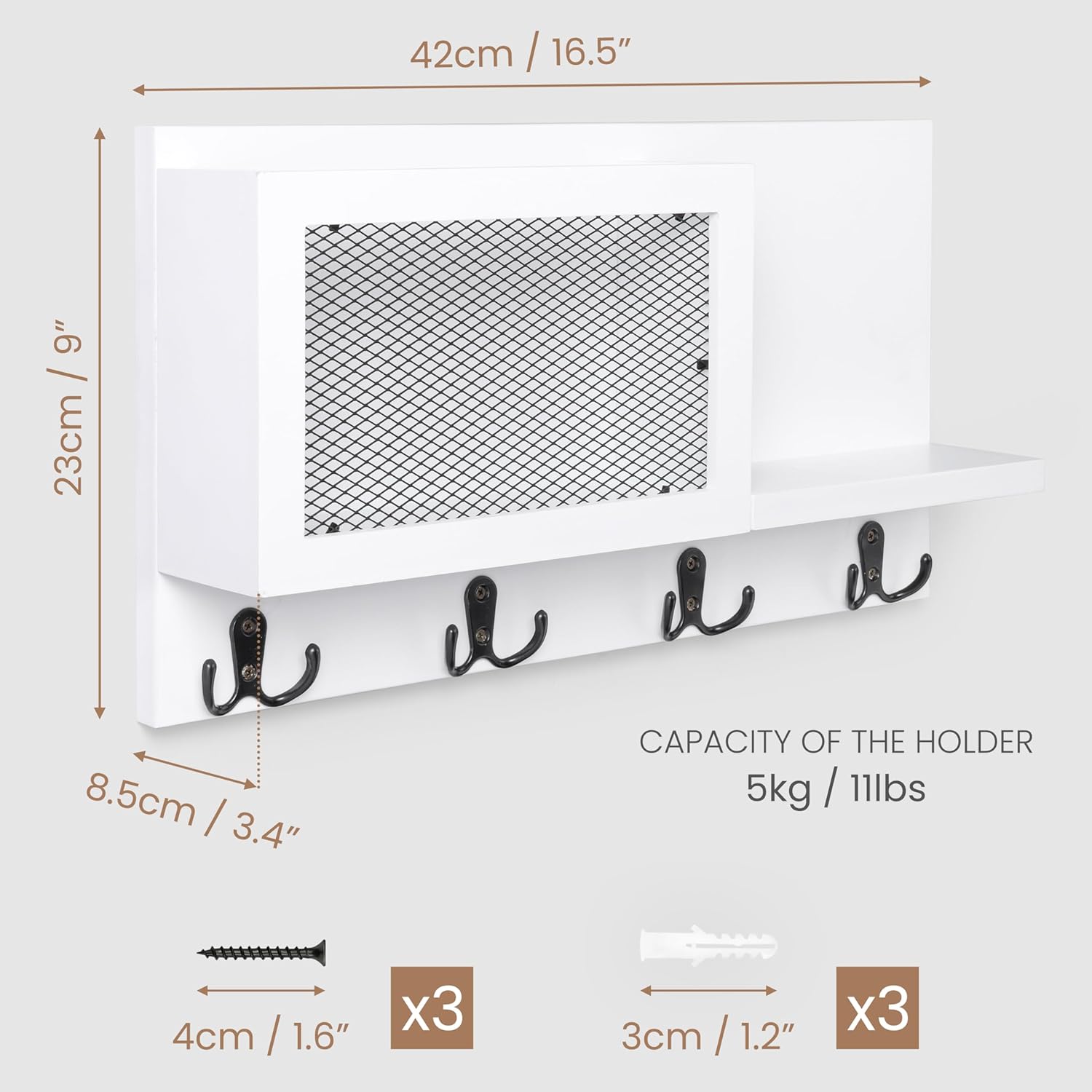 Key Holder for Wall White, Key Hanger with Wall-Mounted Mail Sorter and 8 Key Hooks