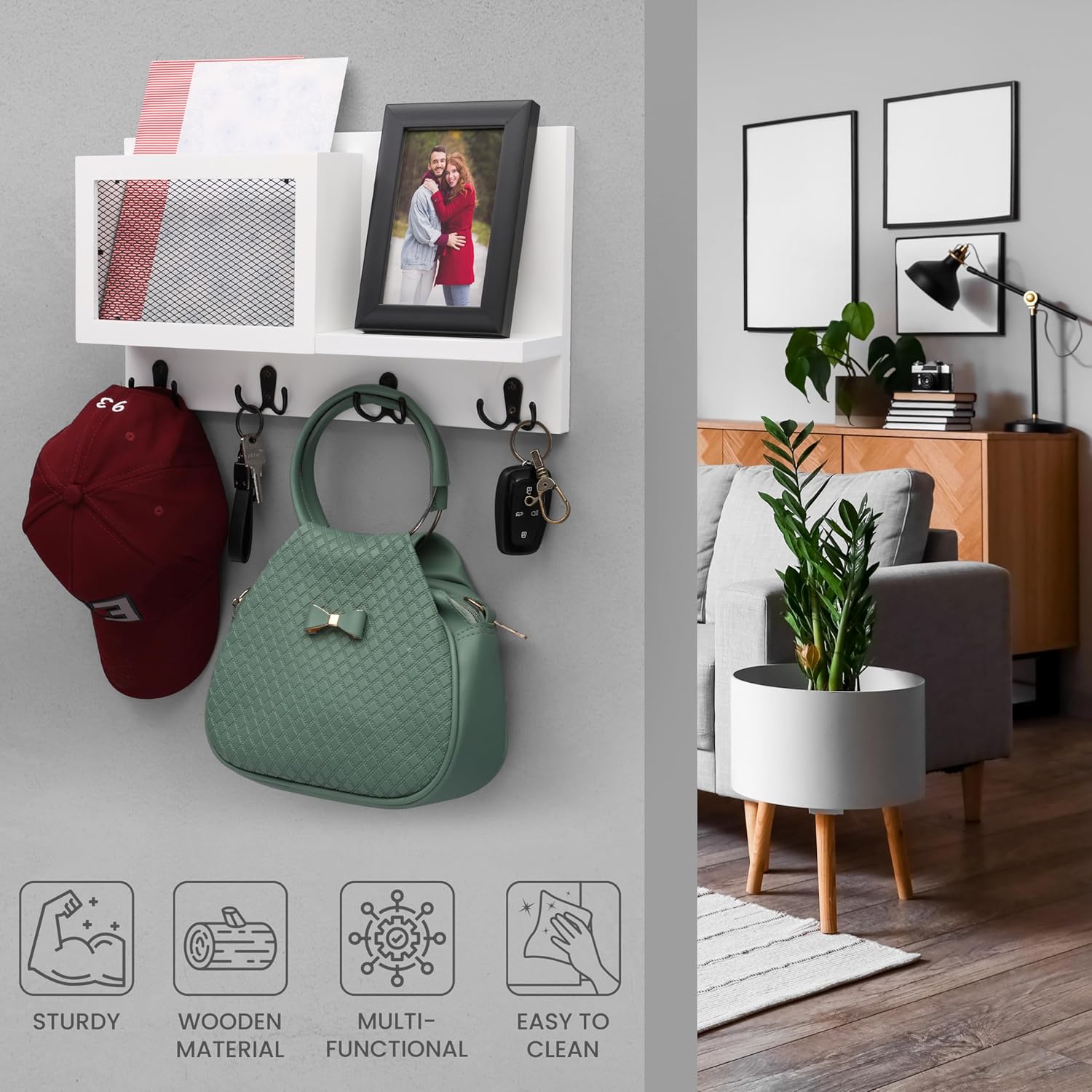 Key Holder for Wall White, Key Hanger with Wall-Mounted Mail Sorter and 8 Key Hooks