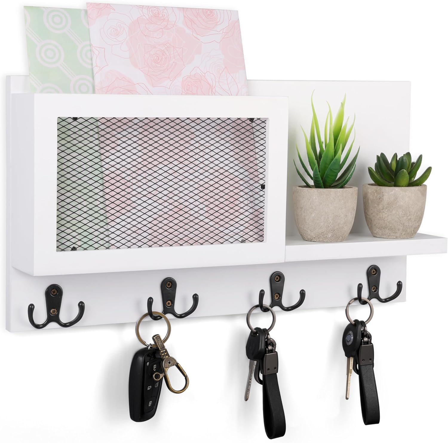Key Holder for Wall White, Key Hanger with Wall-Mounted Mail Sorter and 8 Key Hooks