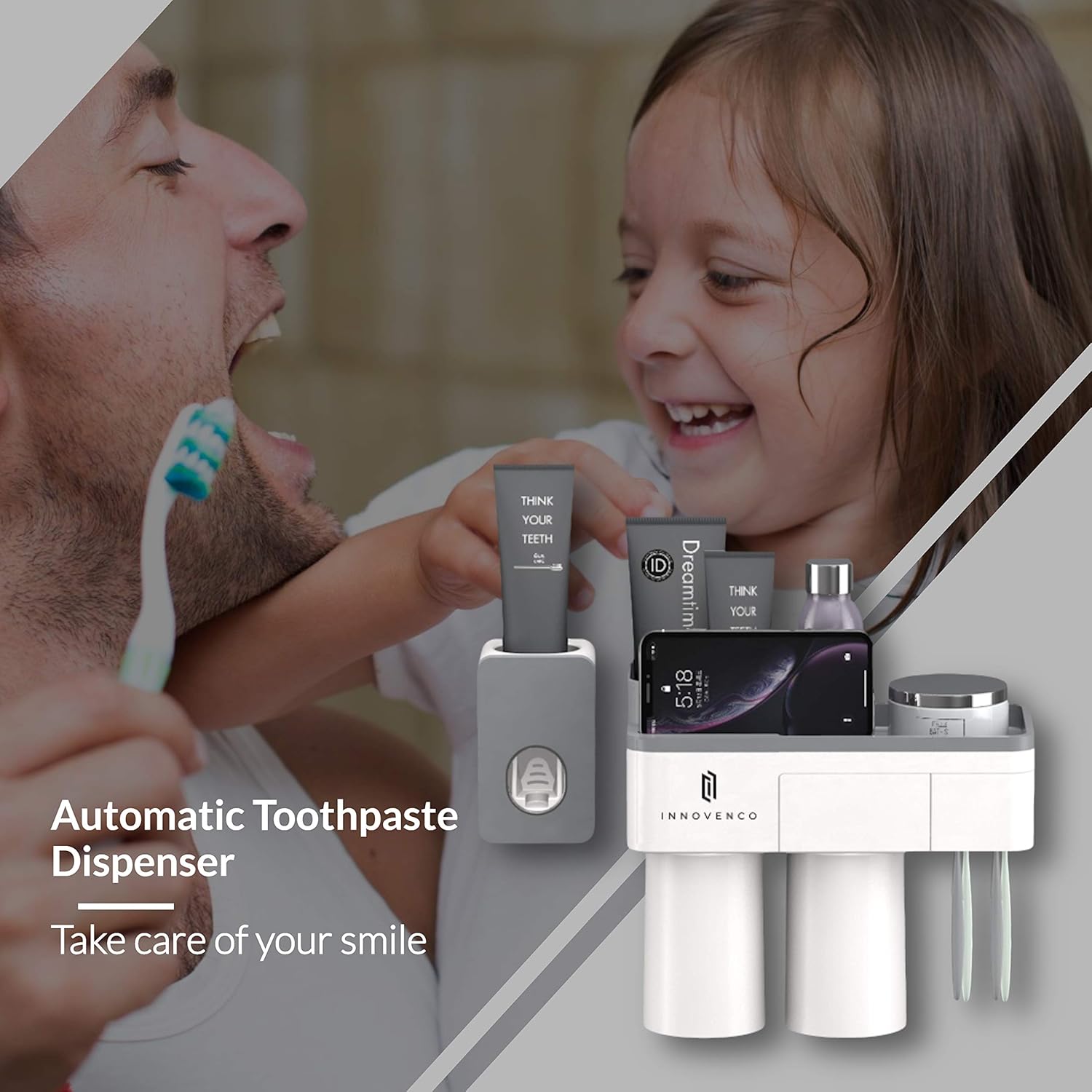 Automatic Toothpaste Dispenser Grey 2 Cups, Electric Toothbrush Holder with Soap Holder