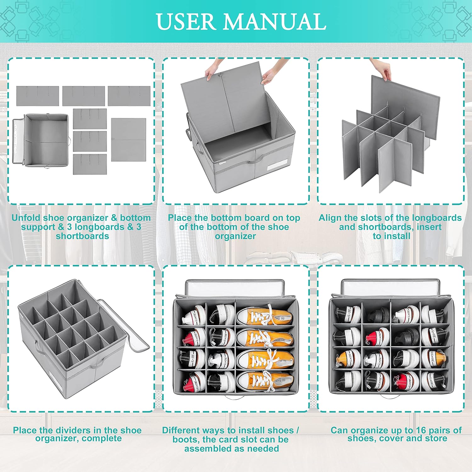 Shoe Organiser for Closet, 16 Pairs