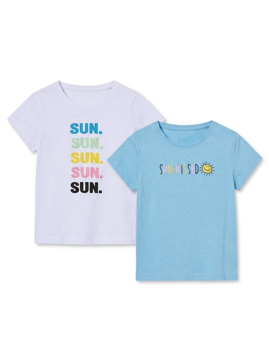 KUNIBOO Girls' T-shirts, 2 pieces, (blue & white)