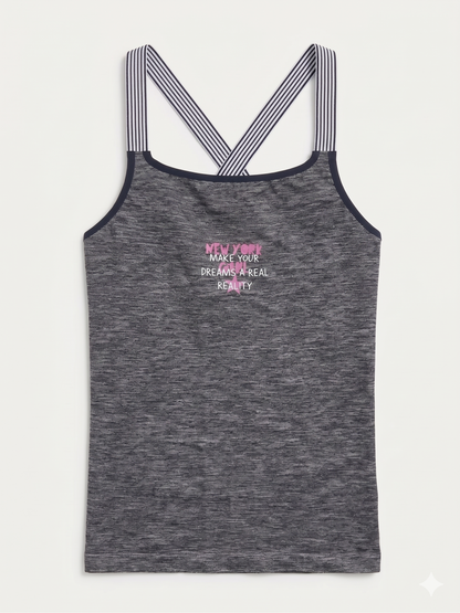 Girls' Sporty Cross-Back Camisole – Charcoal Marl Performance Top