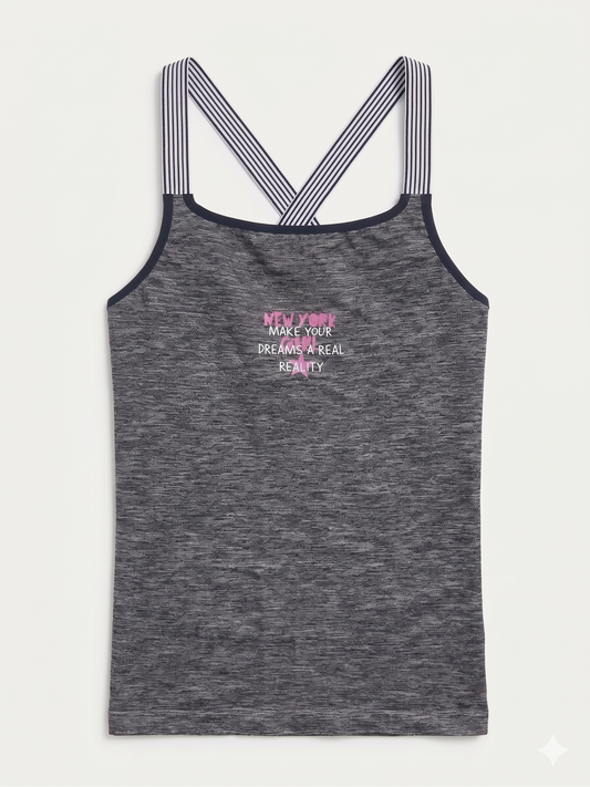 Girls' Sporty Cross-Back Camisole – Charcoal Marl Performance Top