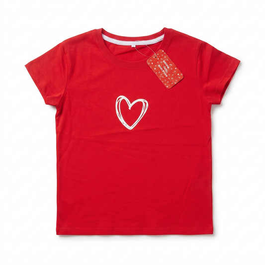 Vibrant Red Heart-Print Casual Tee