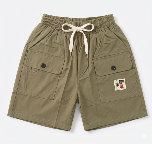 Nezha Motif Utility Cargo Shorts – Olive Green