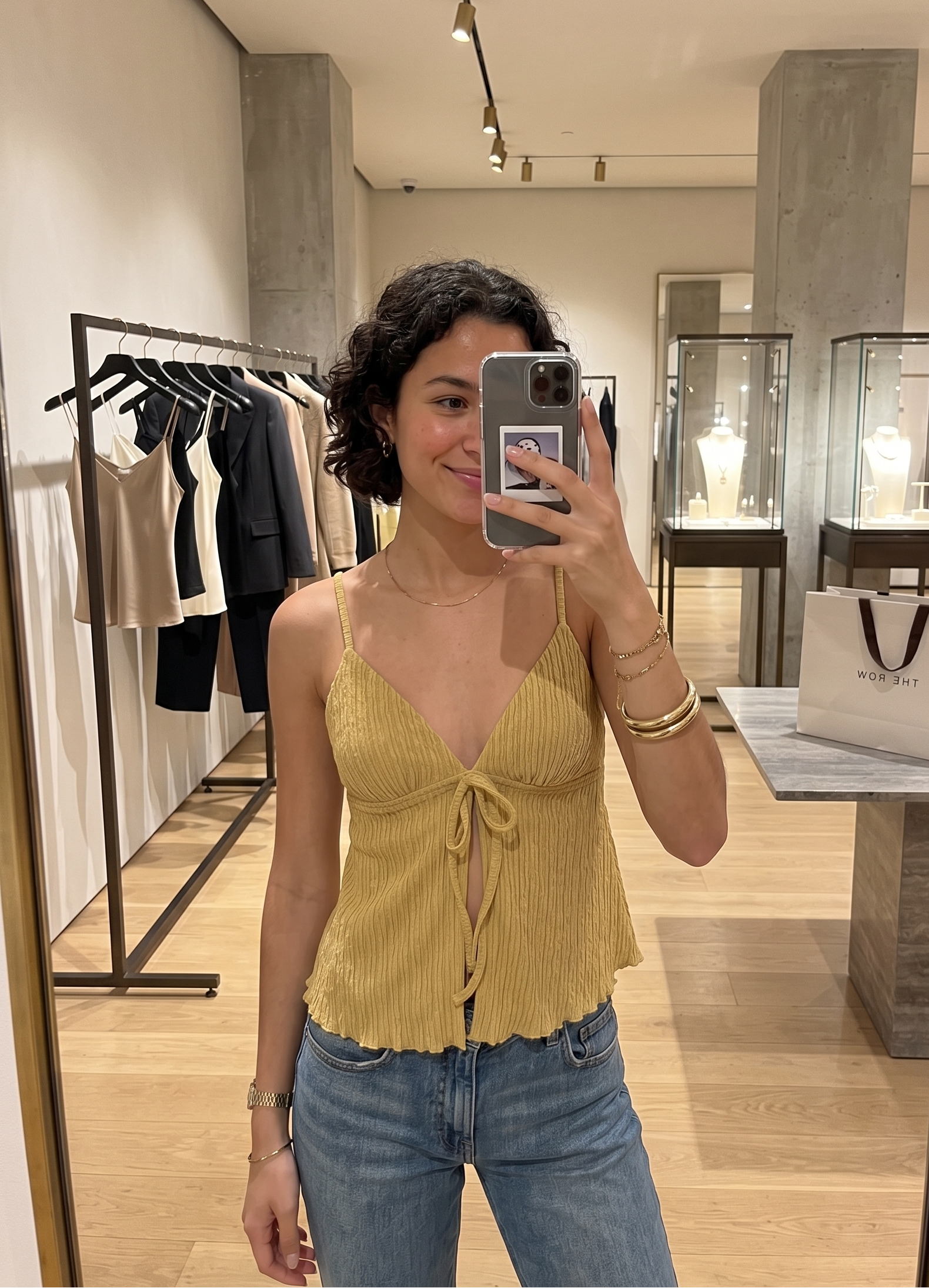 AMISU New Yorker | Ribbed Tie-Front V-Neck Cami - Mustard