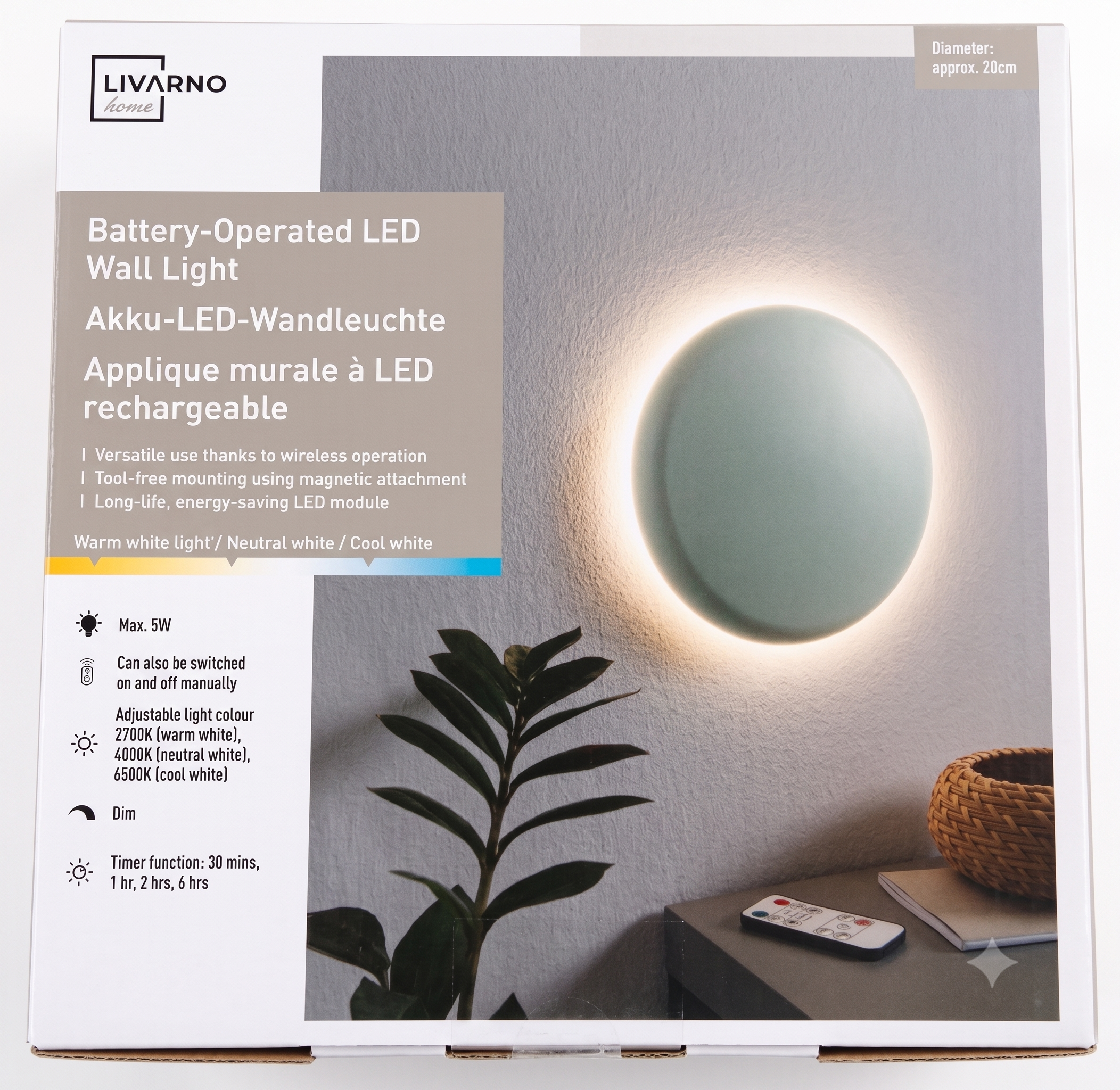 مصباح حائط LED لاسلكي مغناطيسي قابل للتعتيم يعمل بالبطارية من Livarno Home