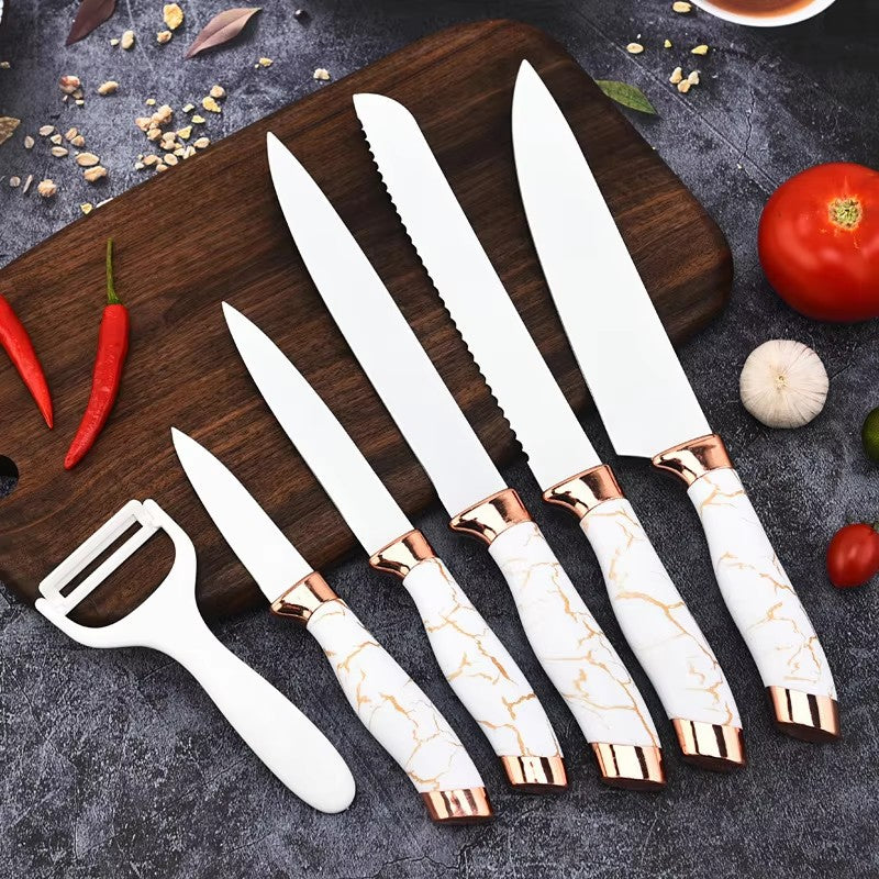6 Piece Stainless Steel Marble Coating Kitchen Knife Set