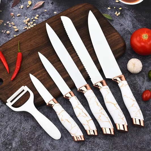 6 Piece Stainless Steel Marble Coating Kitchen Knife Set