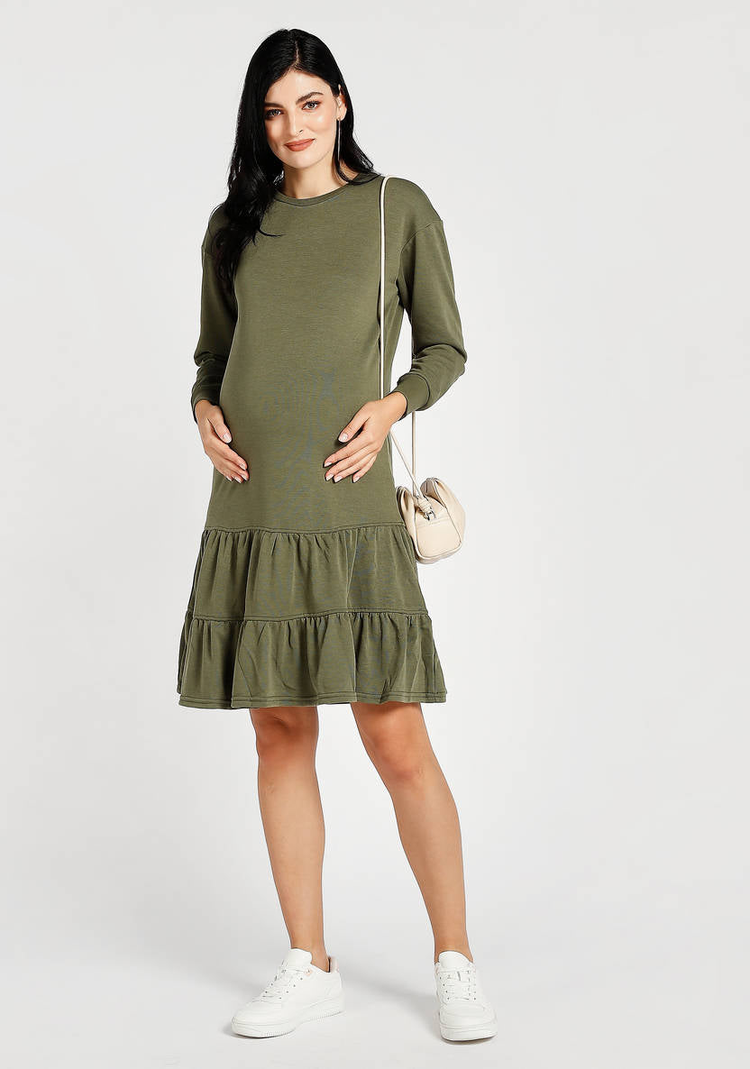 Tiered Knee Length Maternity Dress with Long Sleeves