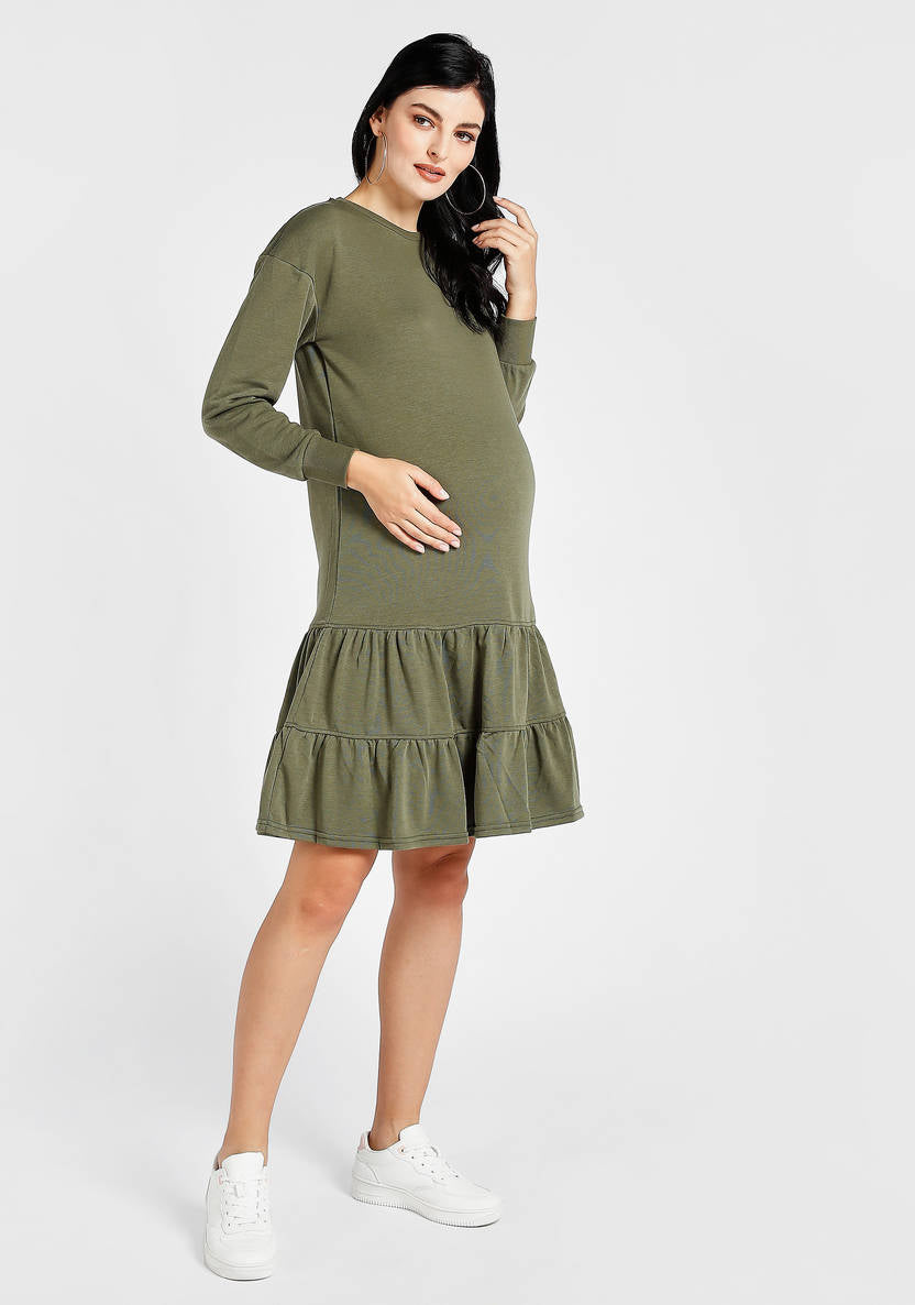 Tiered Knee Length Maternity Dress with Long Sleeves