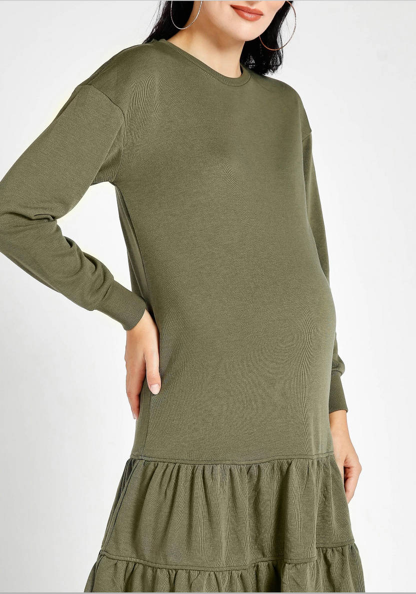 Tiered Knee Length Maternity Dress with Long Sleeves