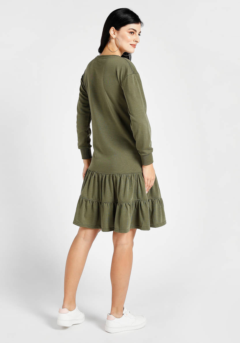 Tiered Knee Length Maternity Dress with Long Sleeves