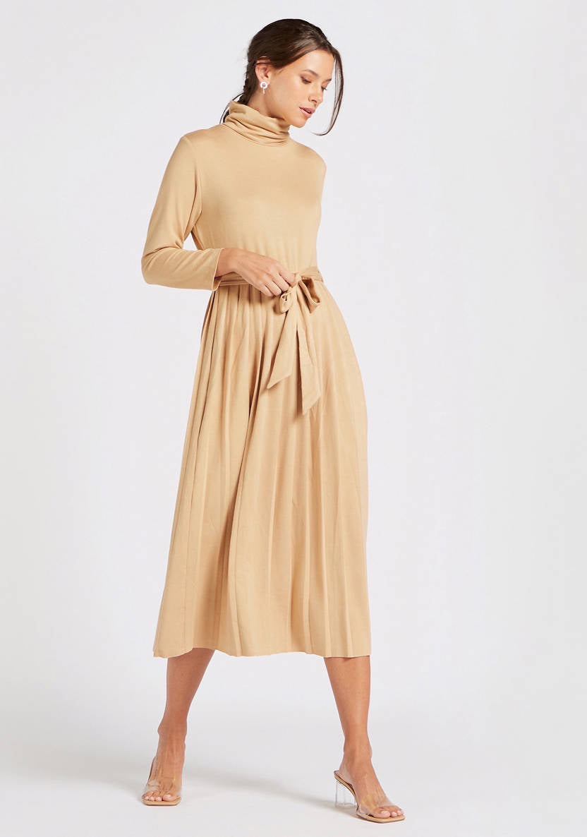 Women’s Midi A-line Dress with Pleats and Tie-Up Belt