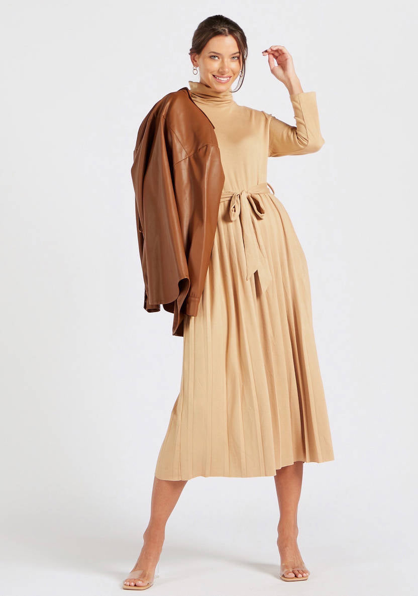 Women’s Midi A-line Dress with Pleats and Tie-Up Belt