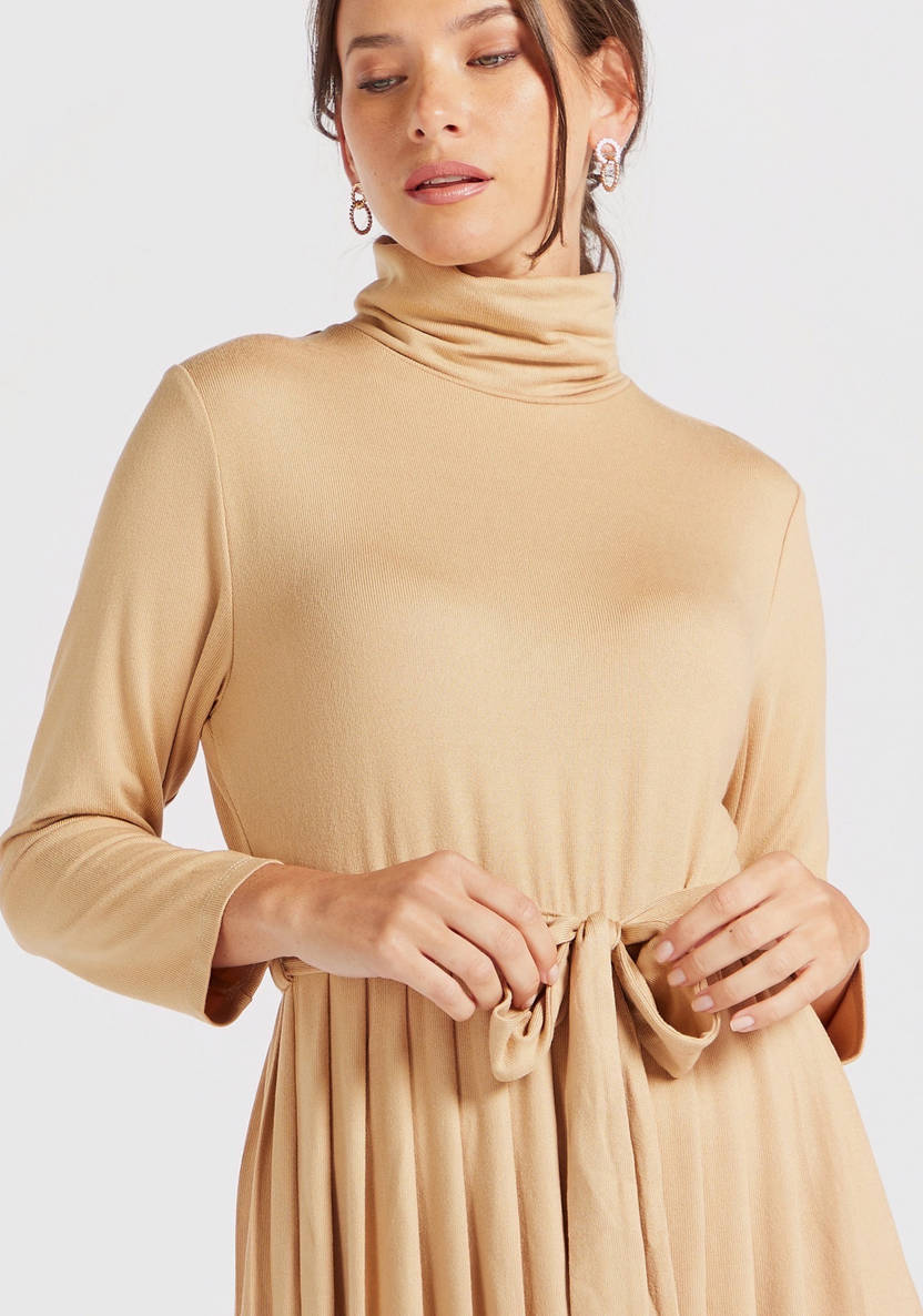 Women’s Midi A-line Dress with Pleats and Tie-Up Belt