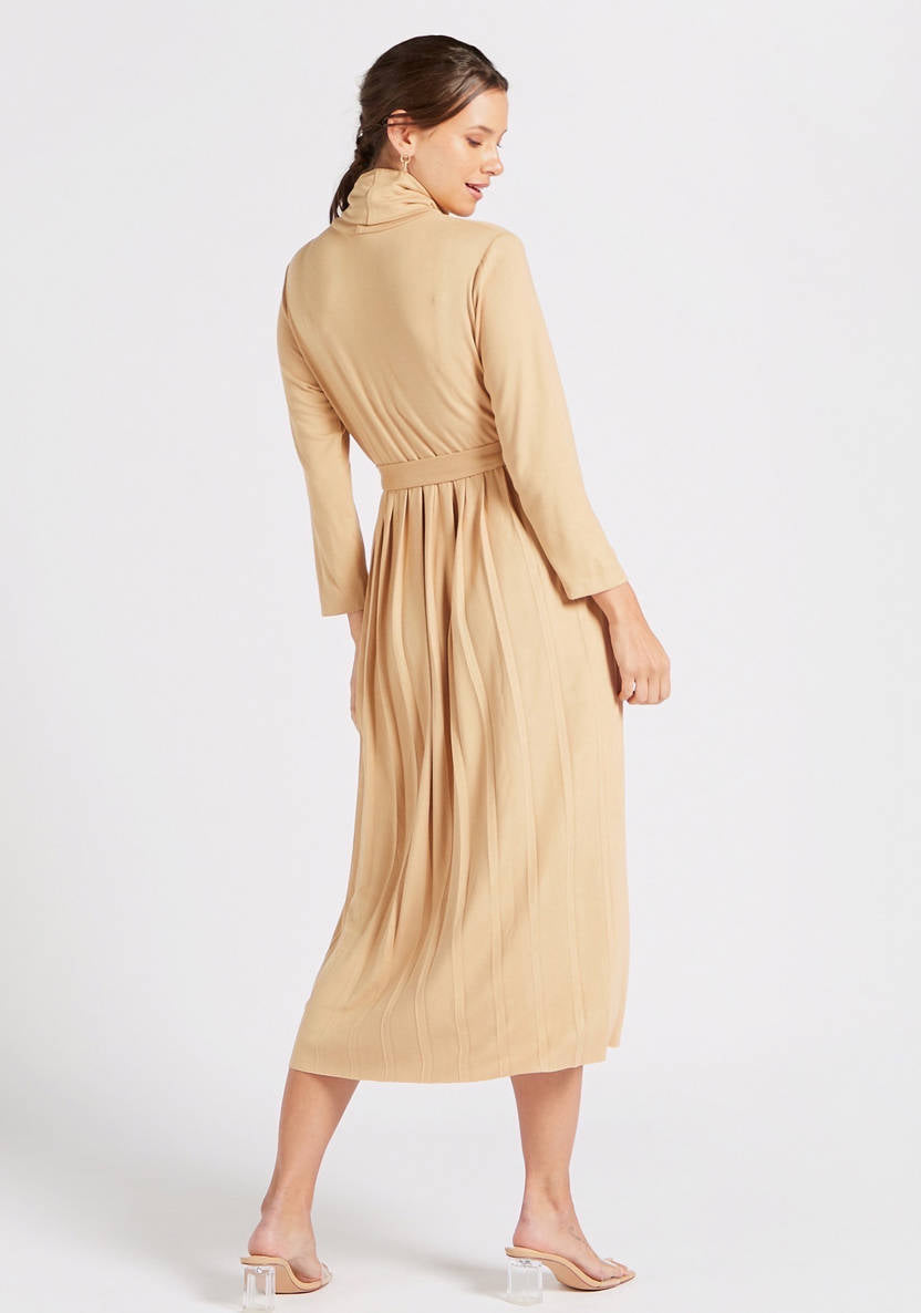 Women’s Midi A-line Dress with Pleats and Tie-Up Belt